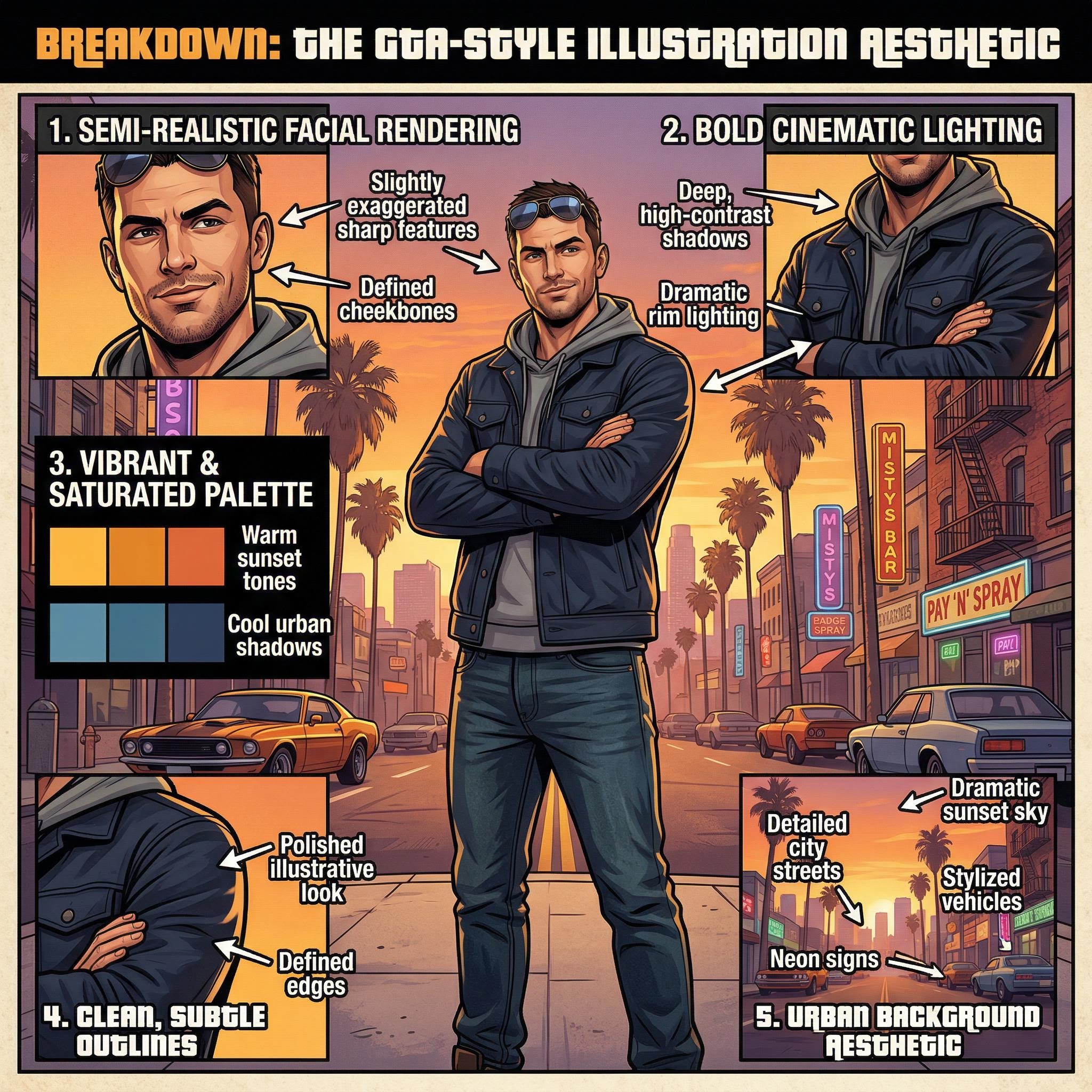 Analyse visuelle du style d'illustration GTA montrant les contours marqués, l'éclairage cinématographique et les couleurs vives