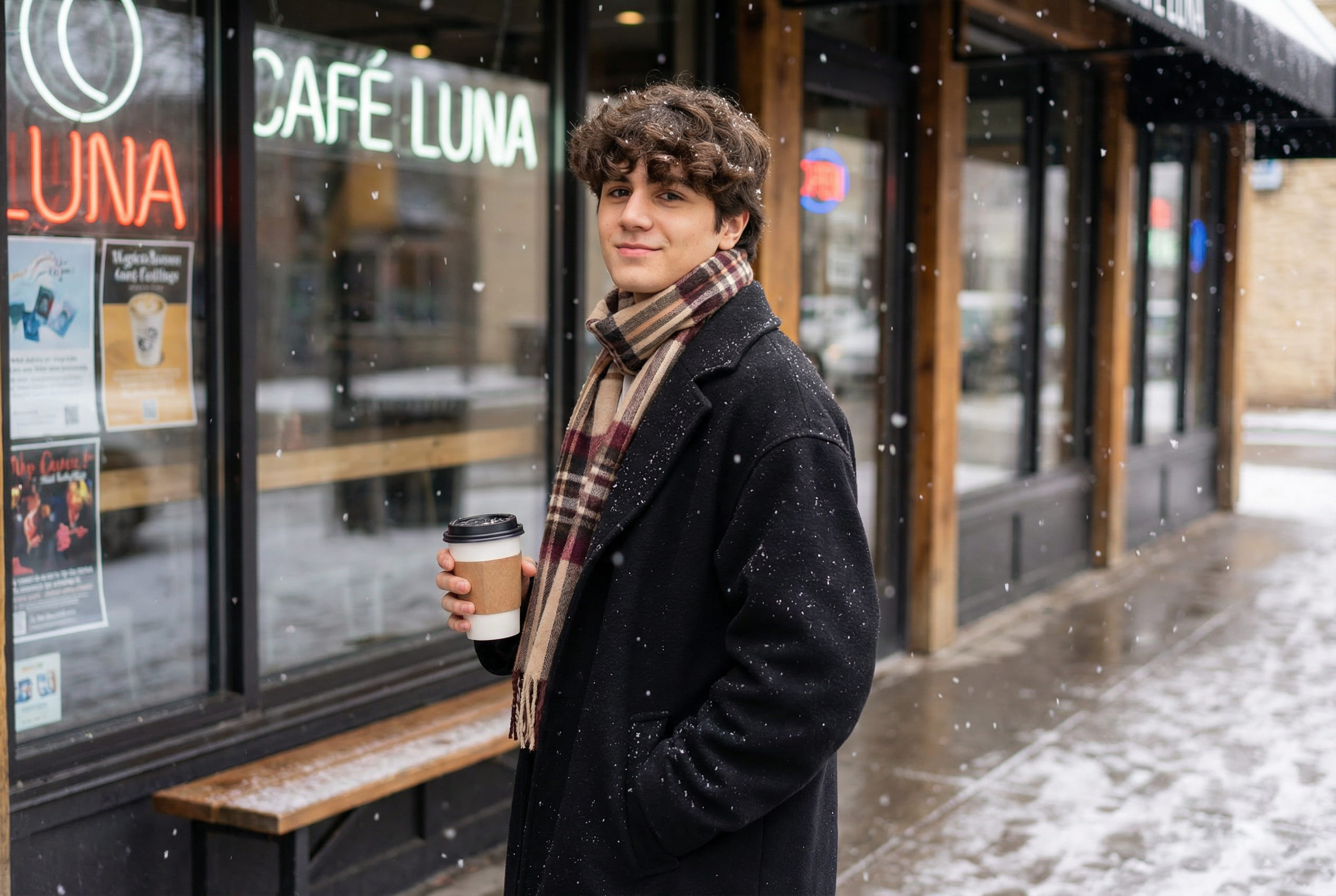Cinematic winter portrait outside a cafe