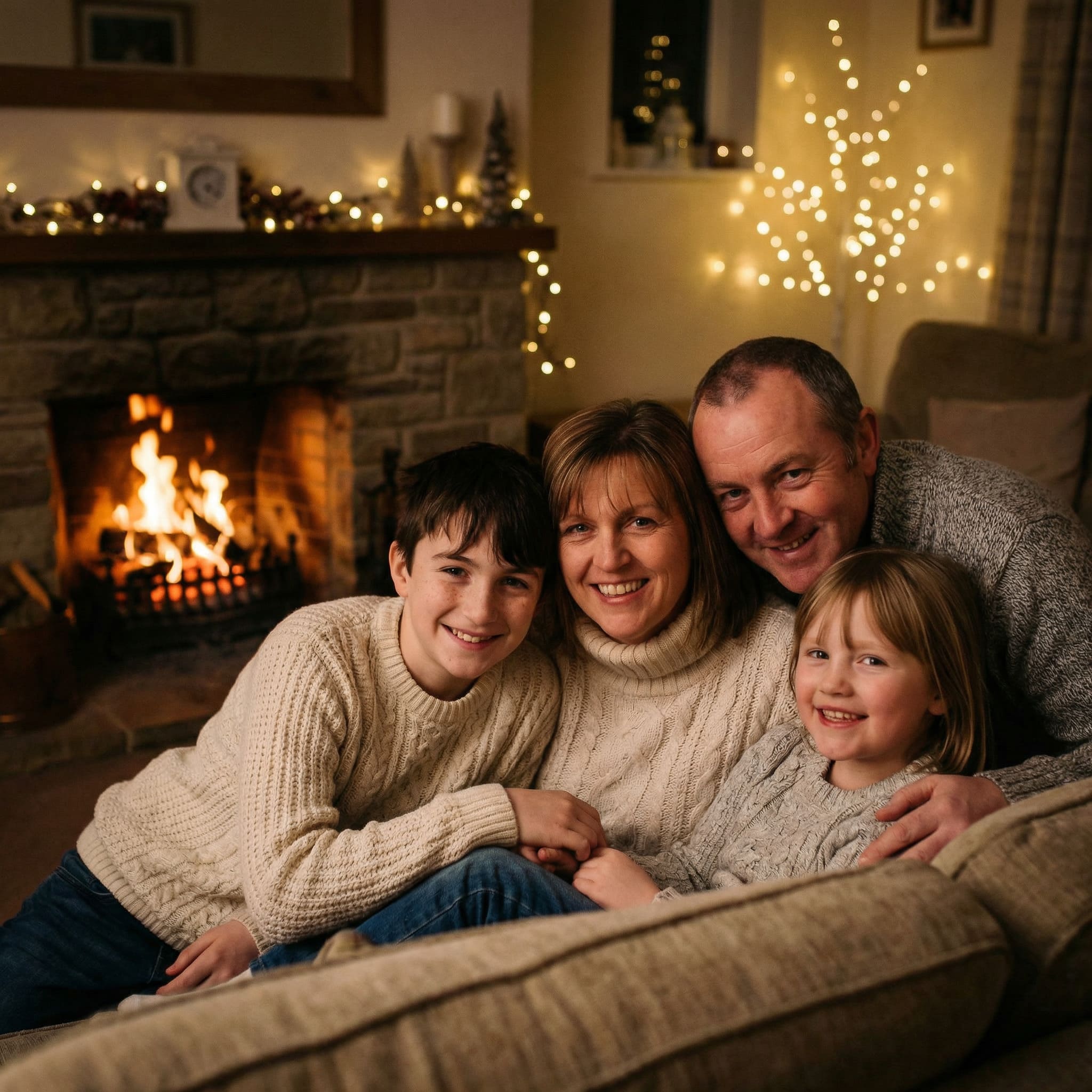 AI-generated cosy winter indoor family portrait