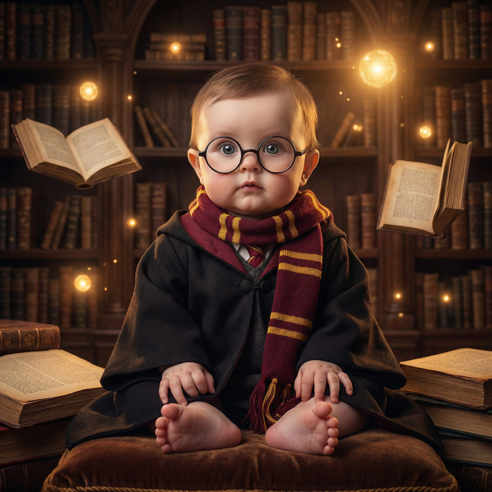 Baby wizard with wand and glasses