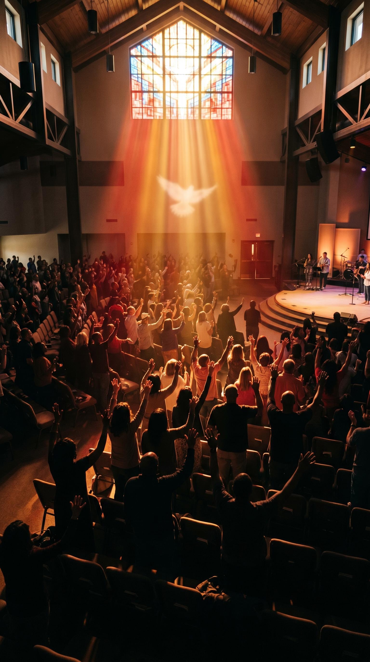 Raised hands in worship for Pentecost Sunday, AI generated