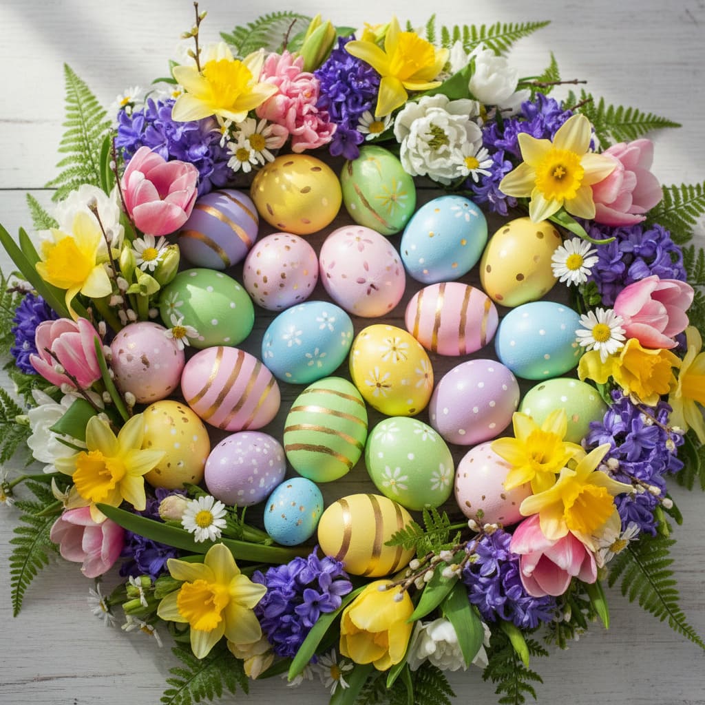 Œufs dans une couronne florale - image IA