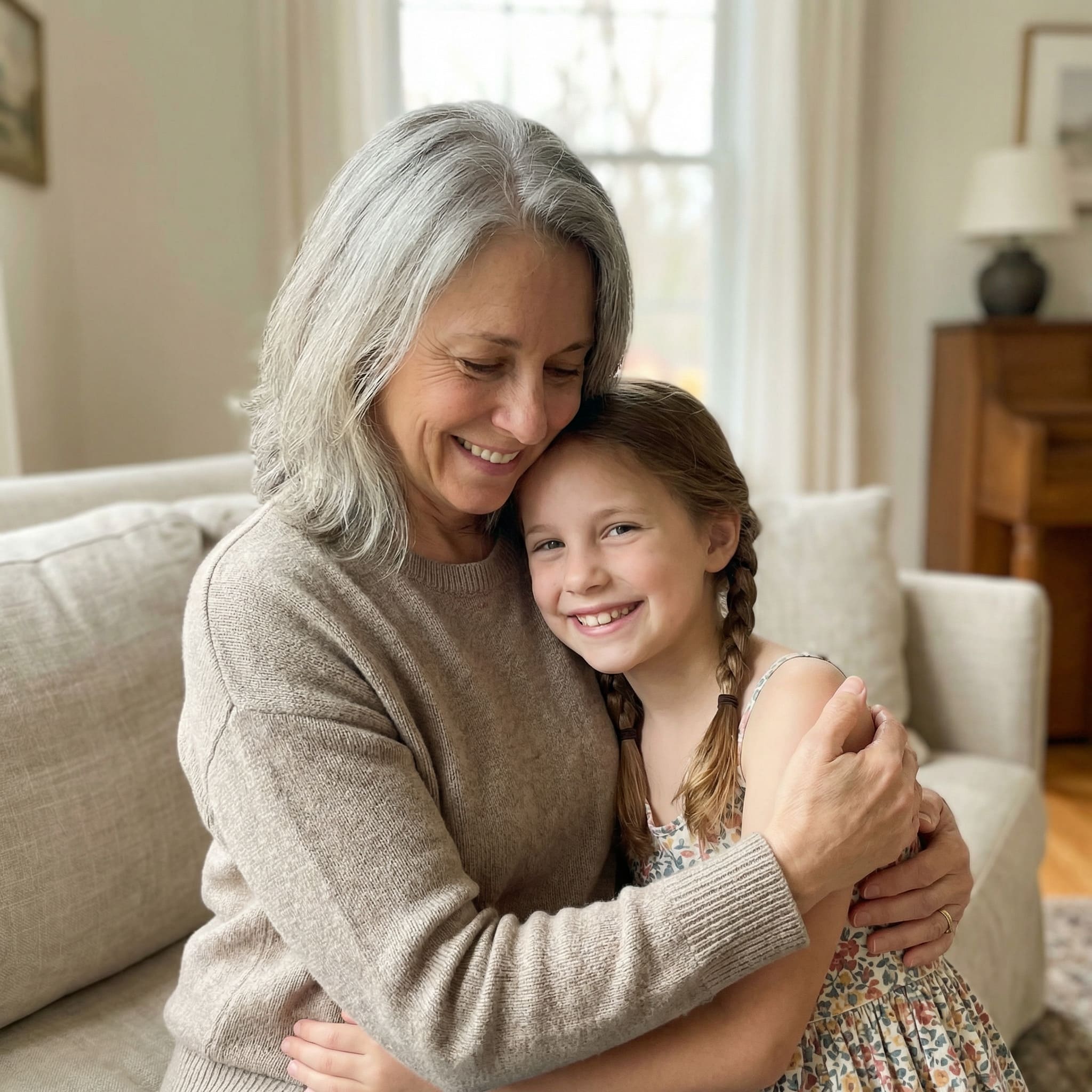 Mom embracing her younger self created with AI