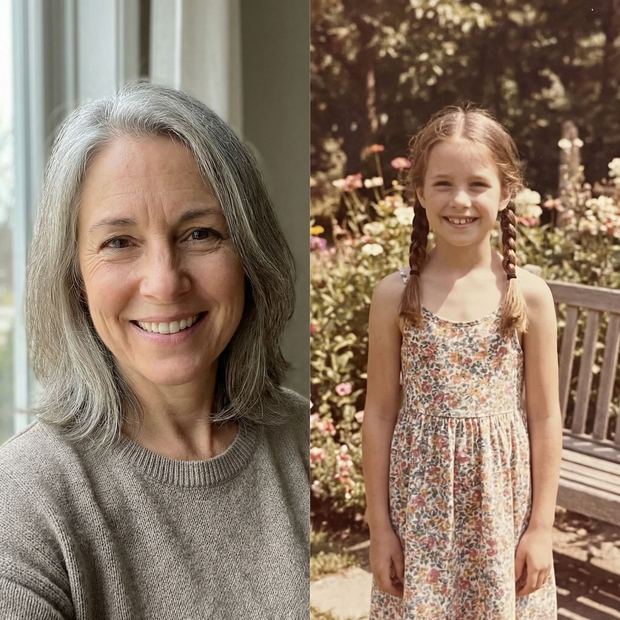 Photos actuelle et d'enfance de maman avant fusion IA