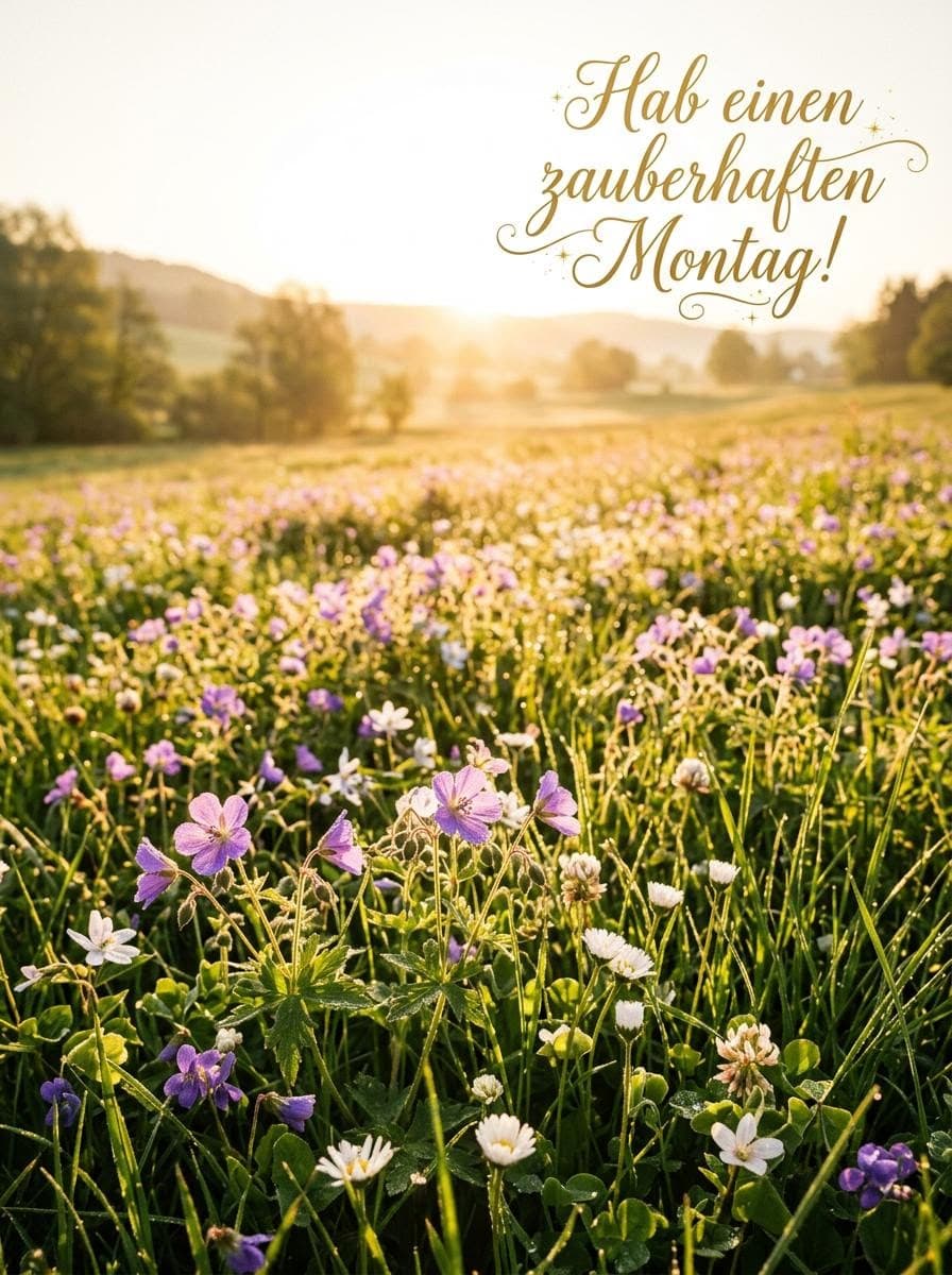 Eine idyllische Wildblumenwiese mit lilafarbenen und weißen Blüten im goldenen Licht der aufgehenden Morgensonne. Am oberen rechten Bildrand steht in geschwungener, goldener Schrift der Spruch Hab einen zauberhaften Montag!.