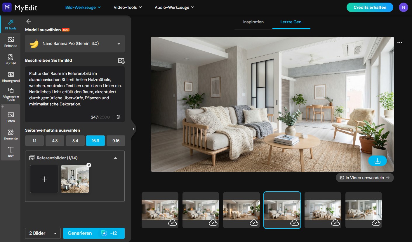 MyEdit Benutzeroberfläche: Beispiel für eine KI-gestützte Raumumgestaltung. Ein detaillierter deutscher Text-Prompt verwandelt ein leeres Zimmer in ein voll möbliertes Wohnzimmer im skandinavischen Stil mit Sofa, Teppich und Dekoration.