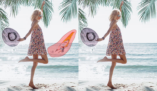 
photos of wooman standing on the beach before and after background object removal feature

